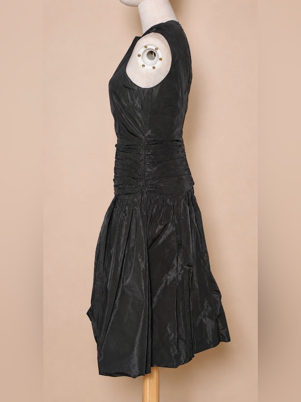 Zara Basic Black Taffeta Ruched Waist Bubble Hem Dress Small - Picture 3 of 5